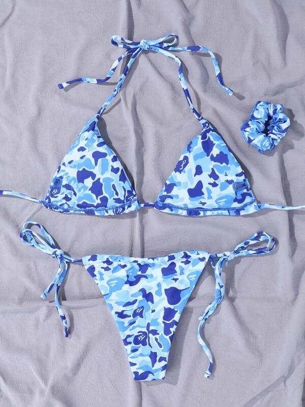 Upopby Camo Pattern Triangle Bikini Swimsuit & Scrunchie details