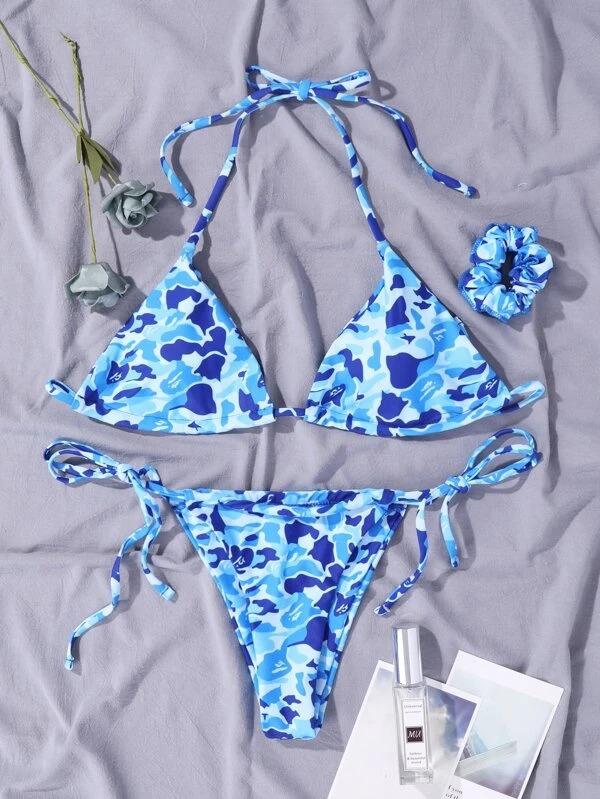 Upopby Camo Pattern Triangle Bikini Swimsuit & Scrunchie overview