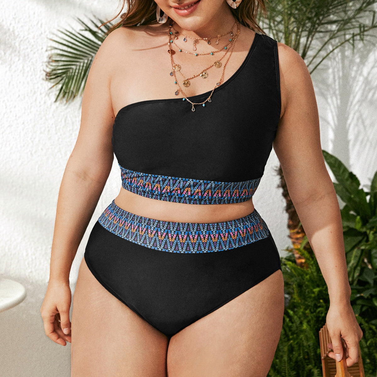 One-Shoulder Black Two-Piece High Waist Swimsuit details