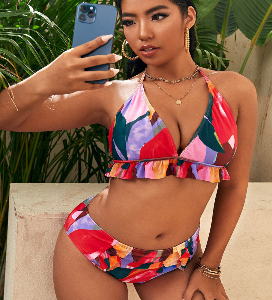 Upopby Abstract Print Swimsuit Halter Backless Bikini Set