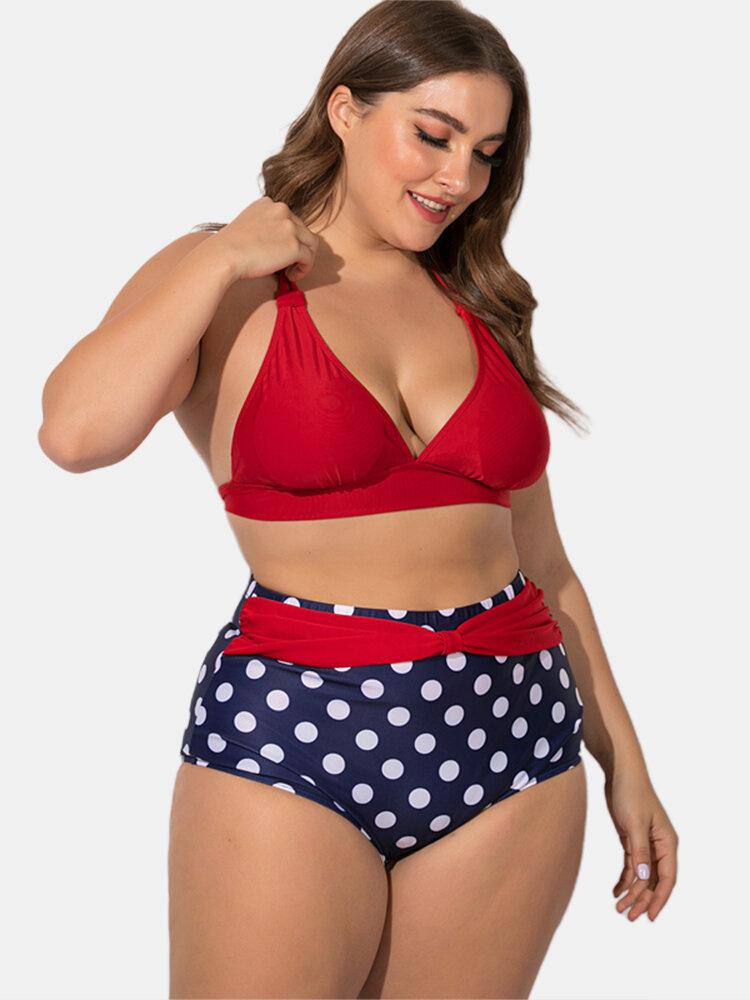 Upopby Polka Dot Pleated Halter Bikini Plus Size Swimsuit display