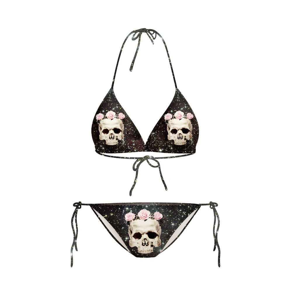 Upopby Halter Skull Flower Print String Bikini