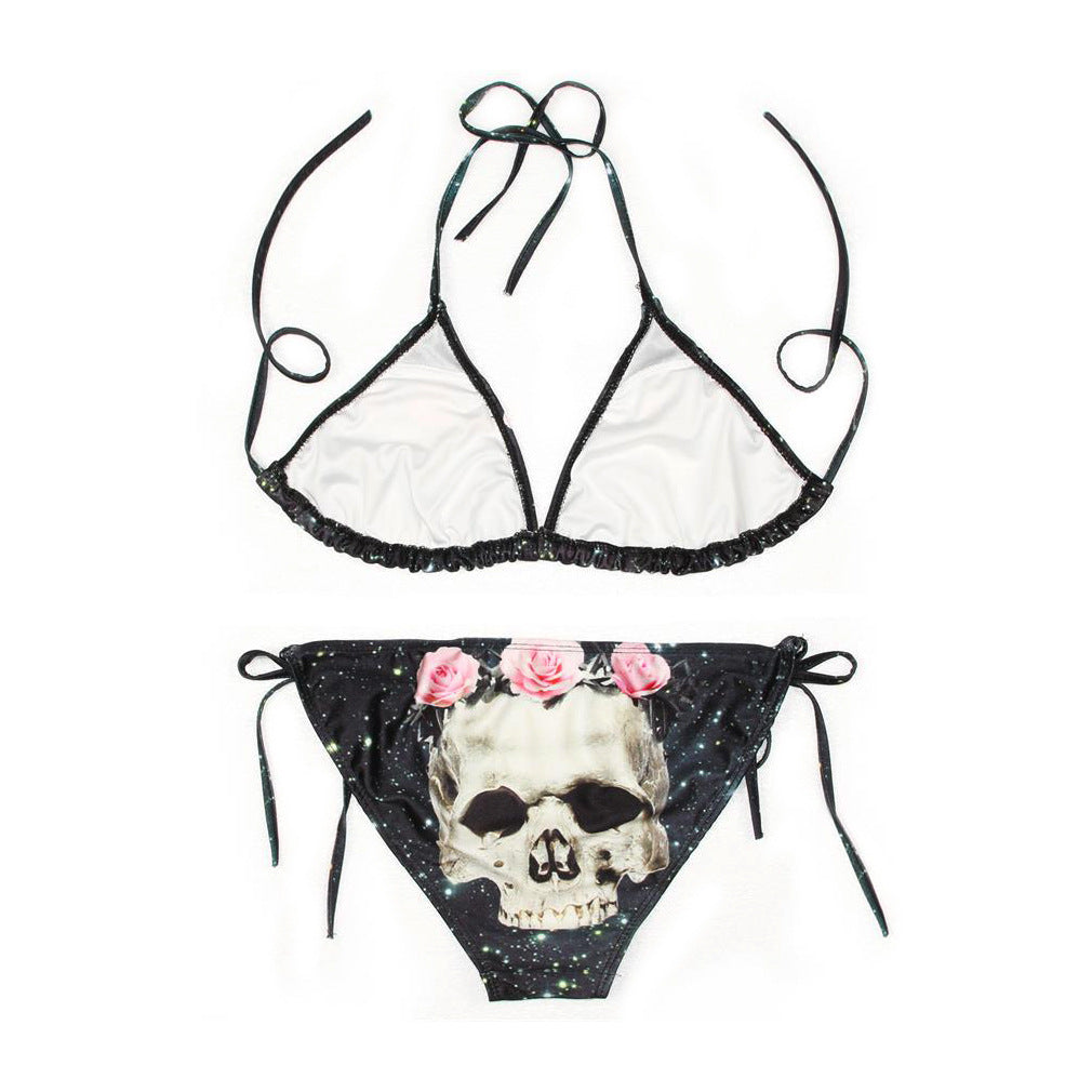 Upopby Halter Skull Flower Print String Bikini back details