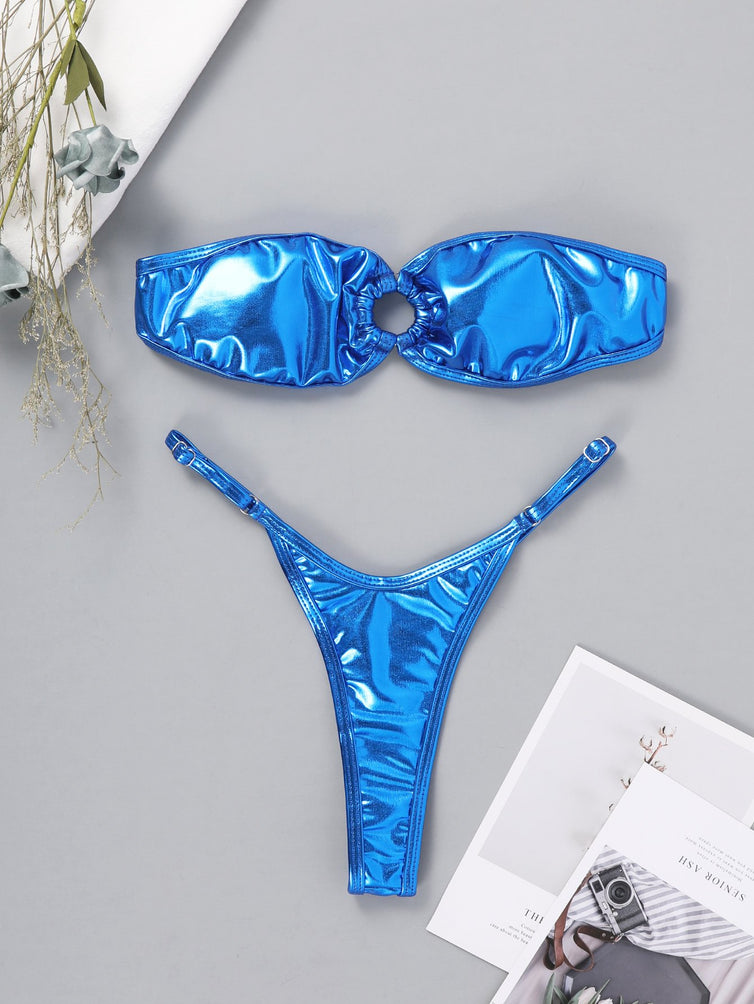 Women Metallic Ring Linked Bandeau Thong Bikini Swimsuit overview