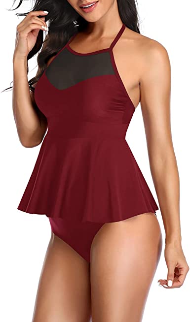 Ladies Mesh Abdominal Two-Piece Swimsuit red