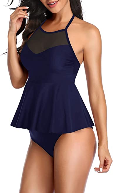 Ladies Mesh Abdominal Two-Piece Swimsuit blue
