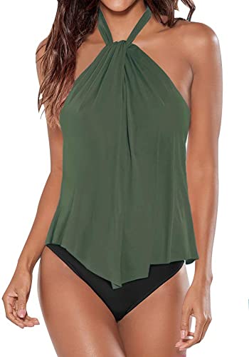 Upopby High Neck Strap Ruffled Backless Swimsuit green
