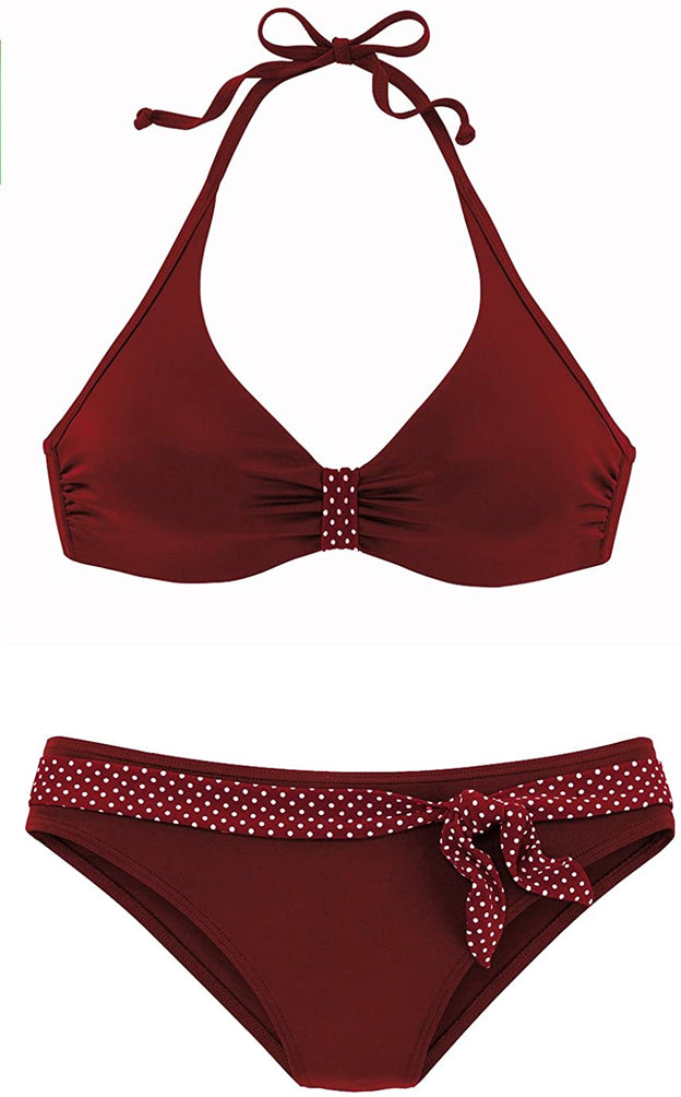 Upopby V-neck Open Back Sexy Bikini Set red display