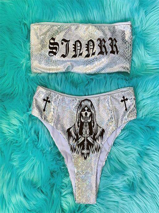 Upopby Tube-Top Reaper Skull Print High Waist Bikini