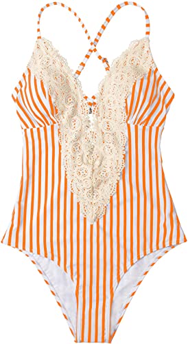 Upopby Deep V-Neck Retro Lace Fashion One-Piece Swimsuit pink