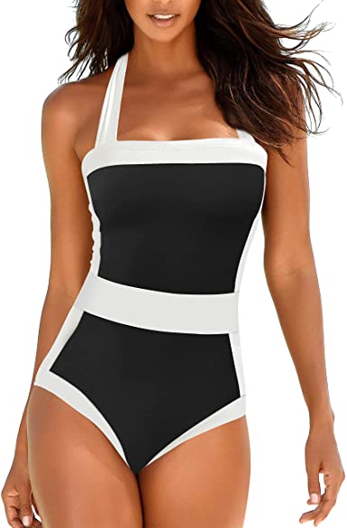 Upopby Sport Slim Halter One-Piece Swimsuit Tummy Control Bathing Suits