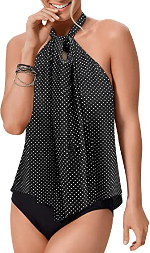 Upopby High Neck Strap Ruffled Backless Swimsuit black white