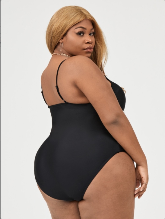 black one-piece swimsuit back details