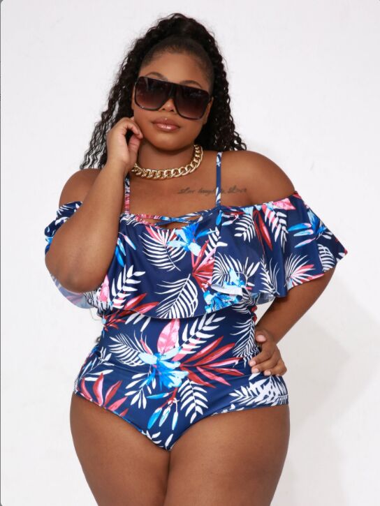 Cold Shoulder Swimsuit Plus Size Floral-Print Swimwear model