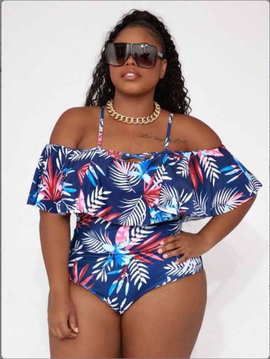 Cold Shoulder Swimsuit Plus Size Floral-Print Swimwear