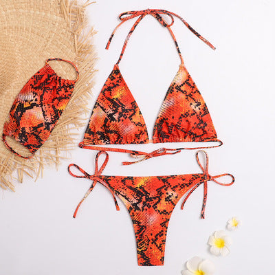 Triangle Bikini Snakeskin Print Sexy Swimsuit red 