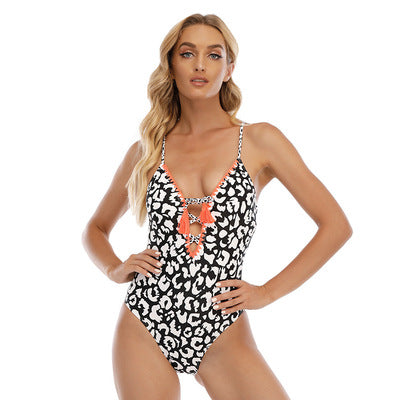 Deep V Double Shoulder Open Back Swimsuit overview