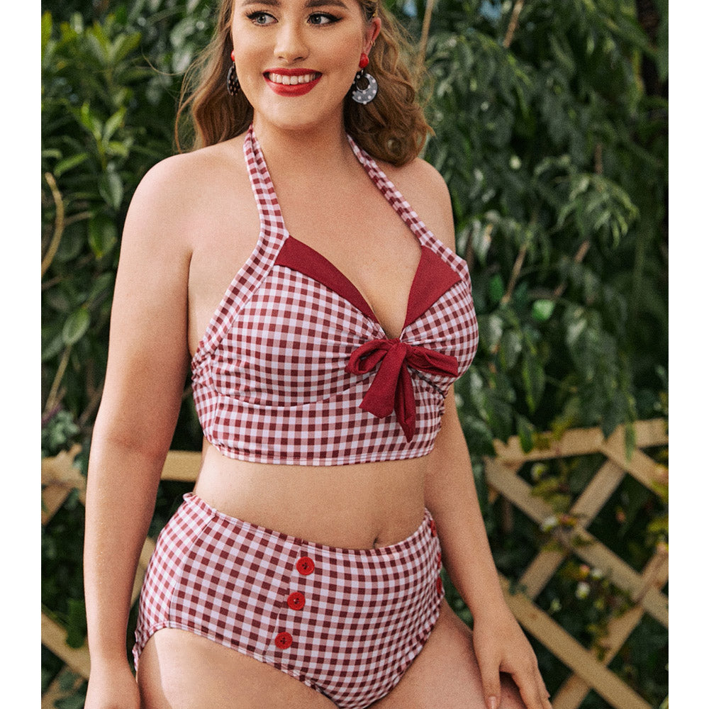 Red Plaid Halter Bow Retro High Waist Bikini Swimsuit