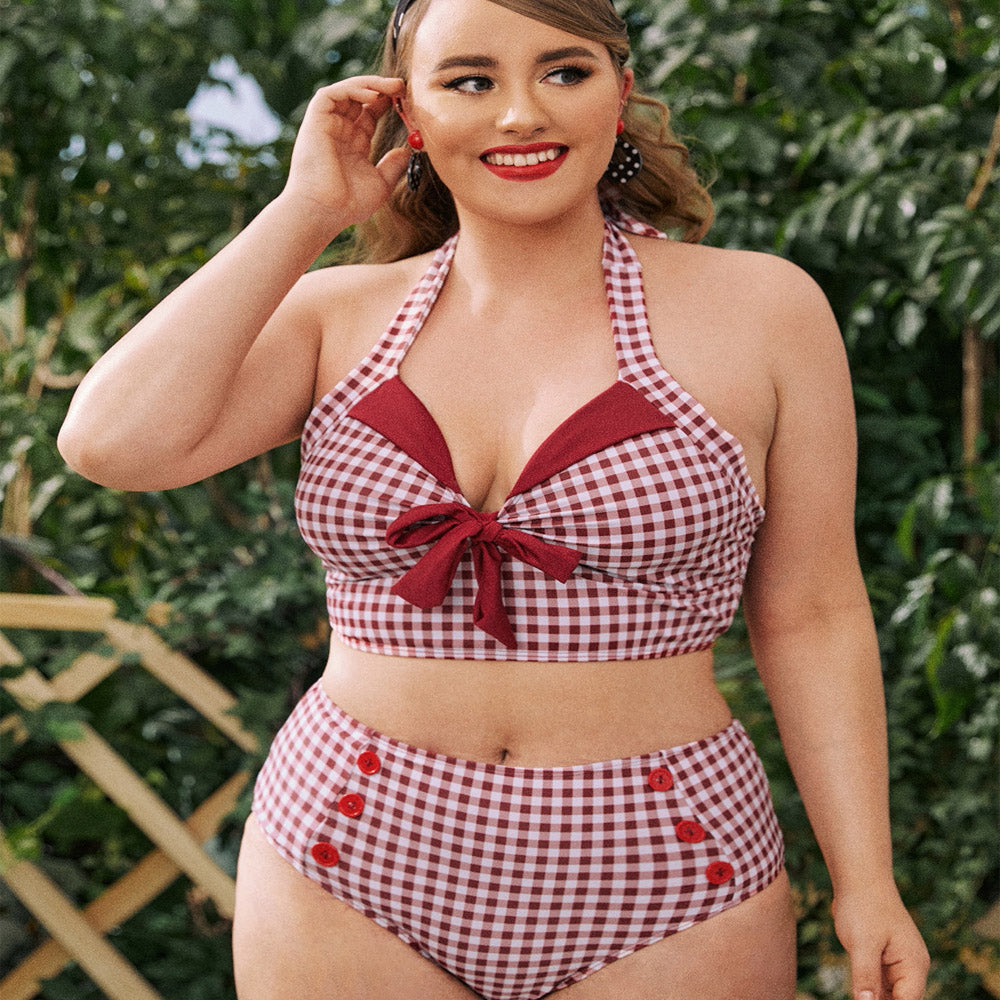 Red Plaid Halter Bow Retro High Waist Bikini Swimsuit