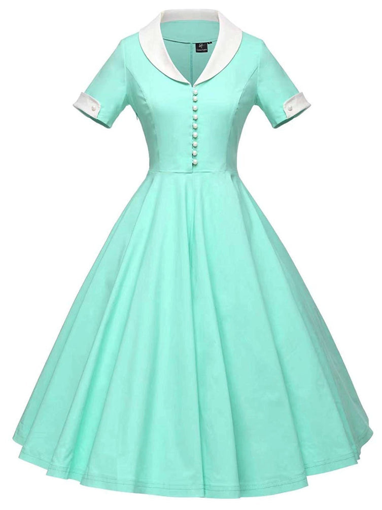 1950s Solid Turndown Collar Swing Dress