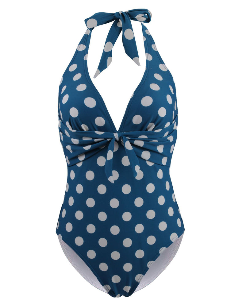 Upopby Halter Polka Dot Slim One-Piece Swimsuit blu