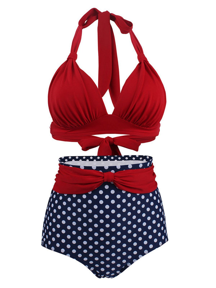 Upopby Polka Dot Pleated Halter Bikini Plus Size Swimsuit overview