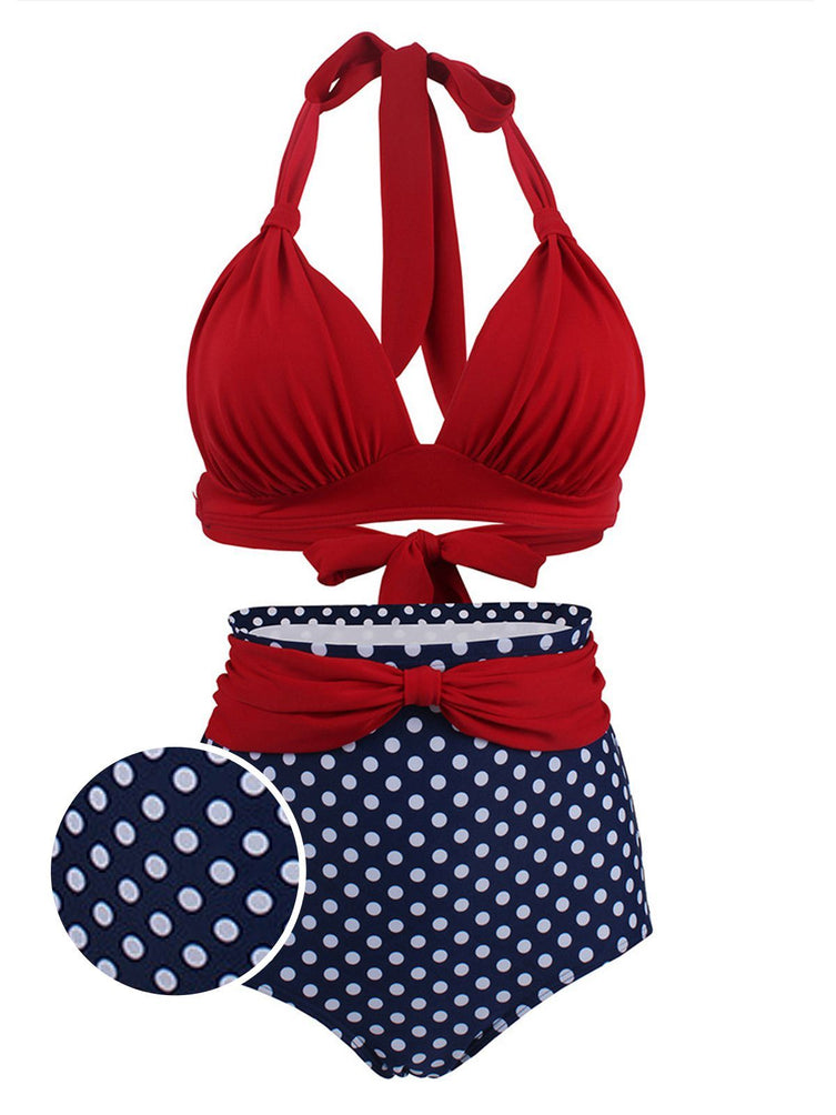 Upopby Polka Dot Pleated Halter Bikini Plus Size Swimsuit details