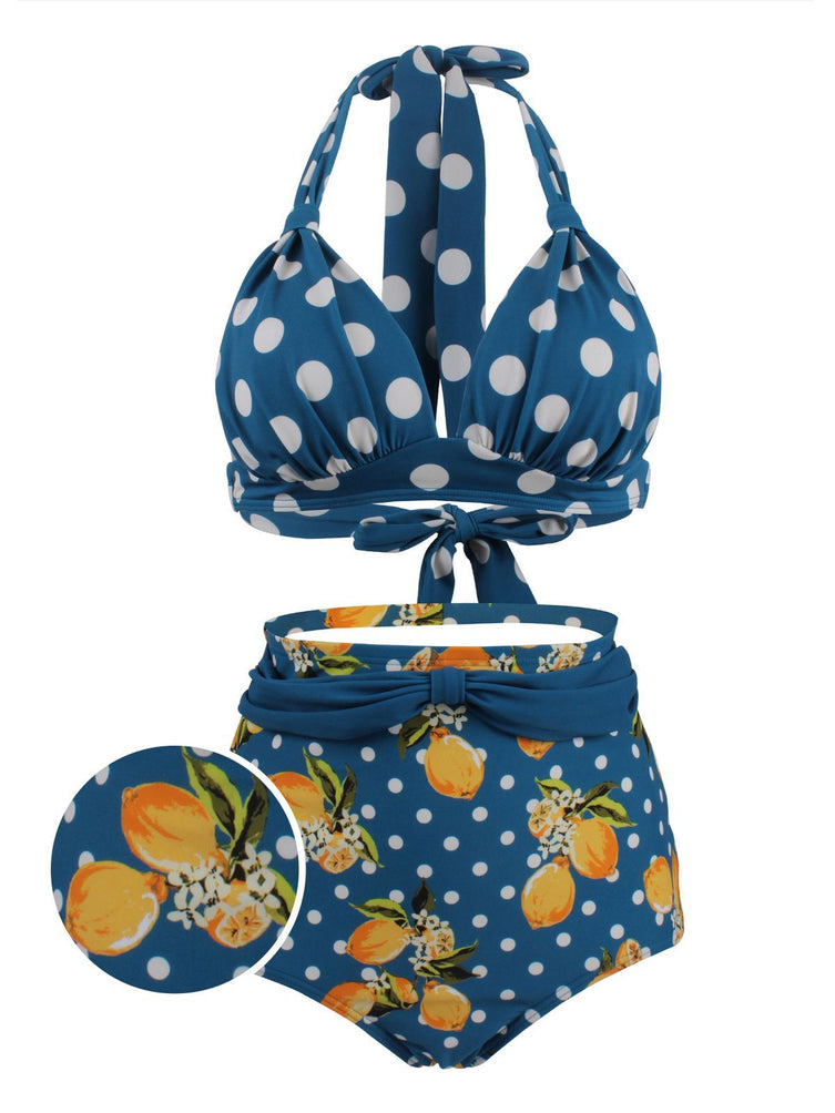 Lemon Polka Dot Halter Bikini Set blue