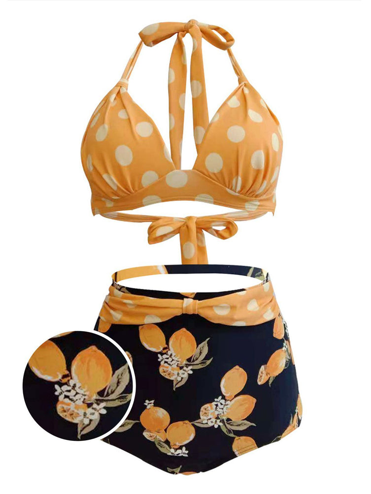 Lemon Polka Dot Halter Bikini Set yellow