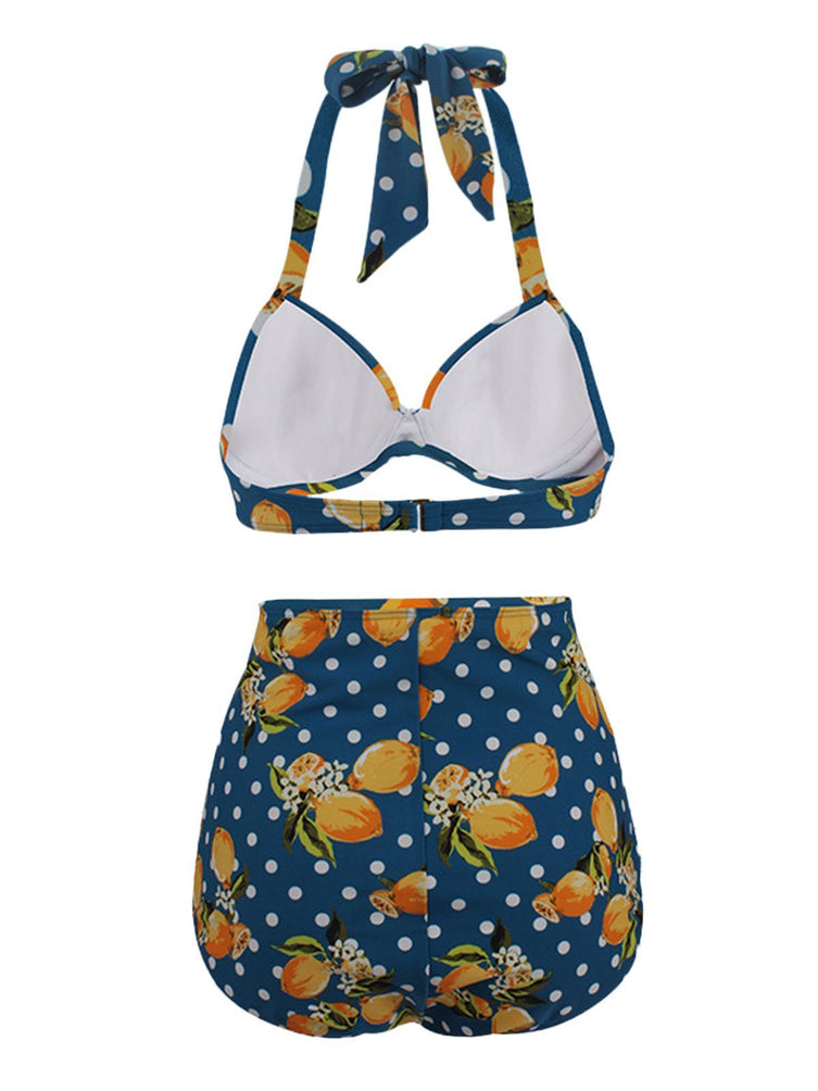 Upopby Halter Lemon Bow Pleated Bikini