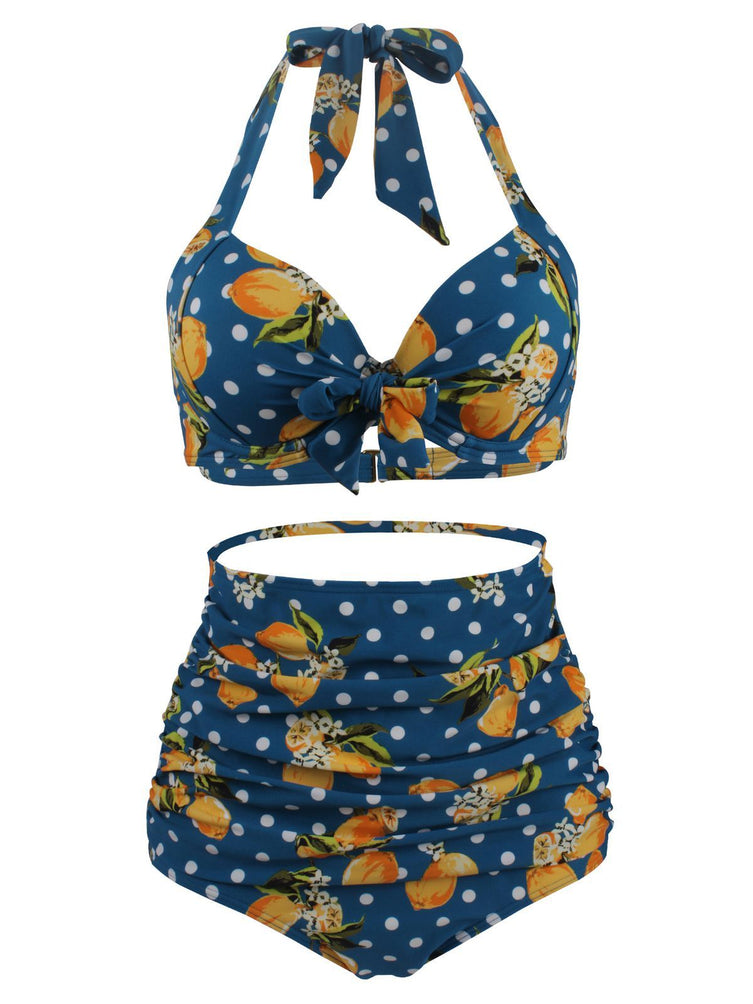 Upopby Halter Lemon Bow Pleated Bikini