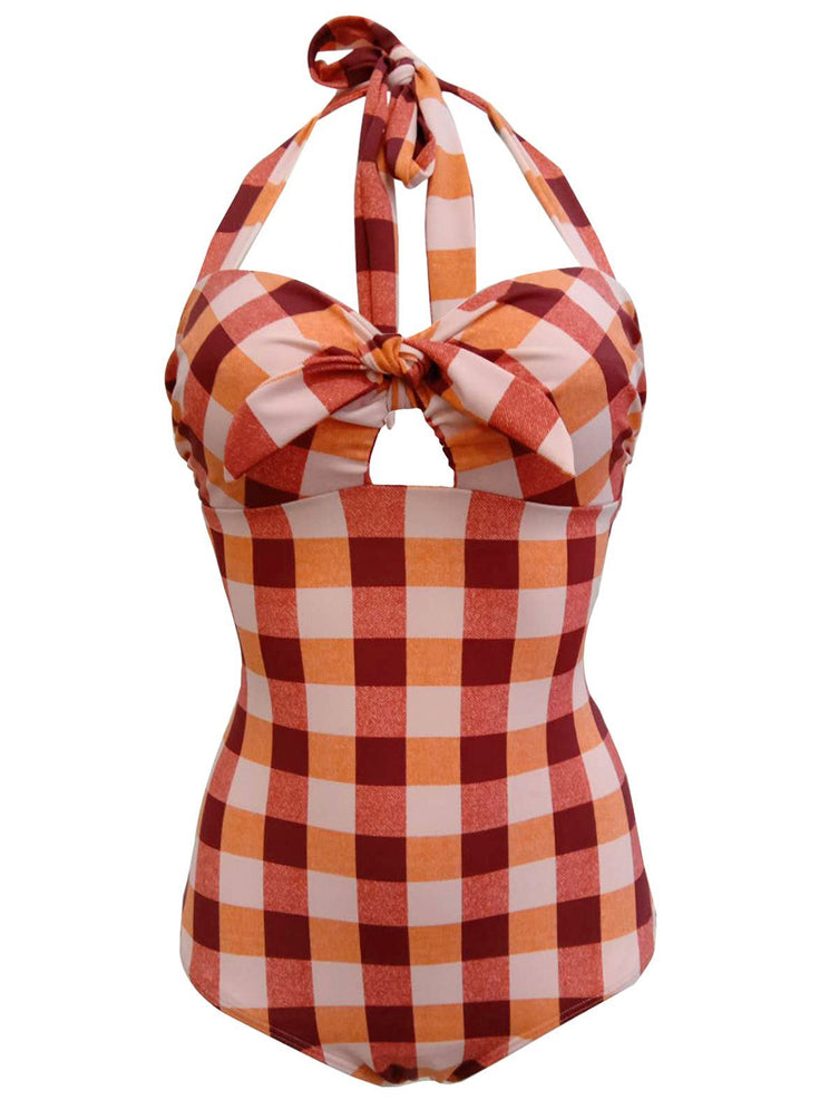 Upopby Plaid Halter One-Piece Swimsuit orange