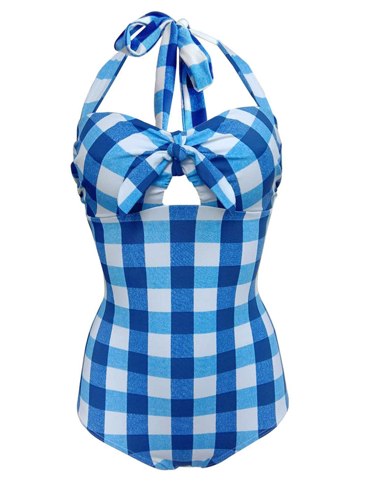 Upopby Plaid Halter One-Piece Swimsuit blue