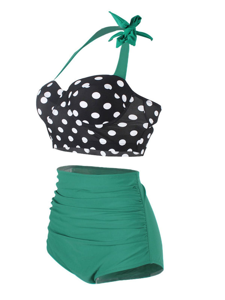 Upopby Polka Dot Halter Pleated Bikini Side view