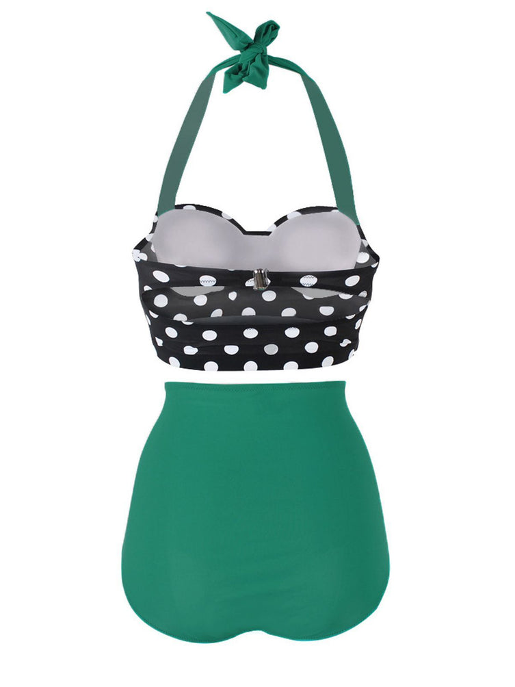 Upopby Polka Dot Halter Pleated Bikini Back Details