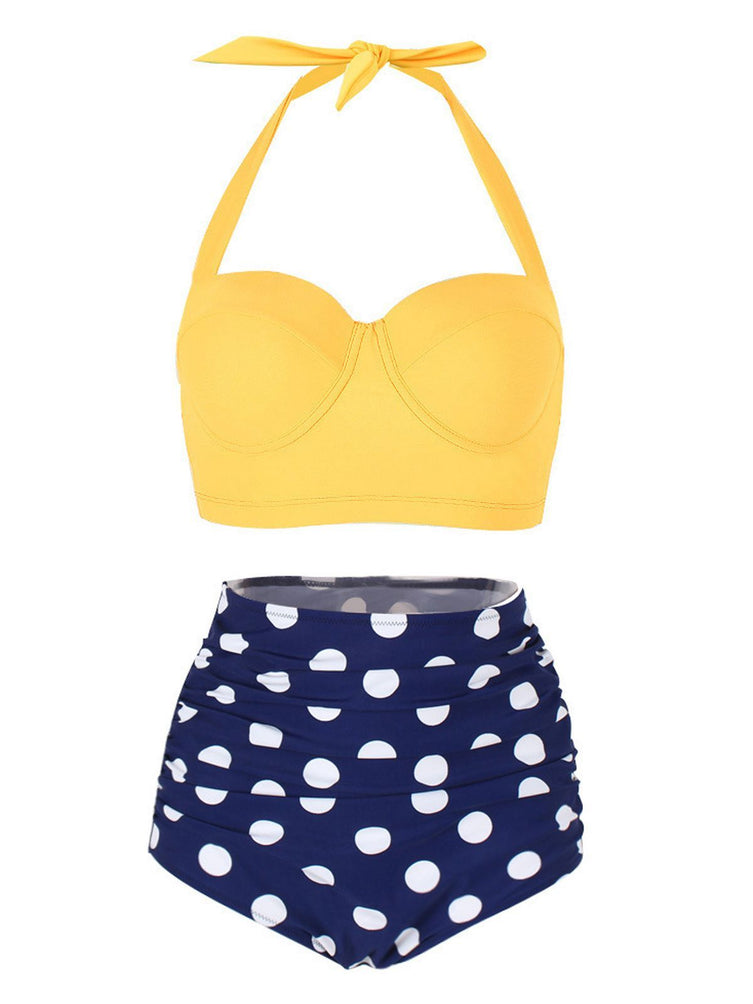 Yellow Navy Polka Dot Halter Pleated Bikini Plus Size Swimsuit