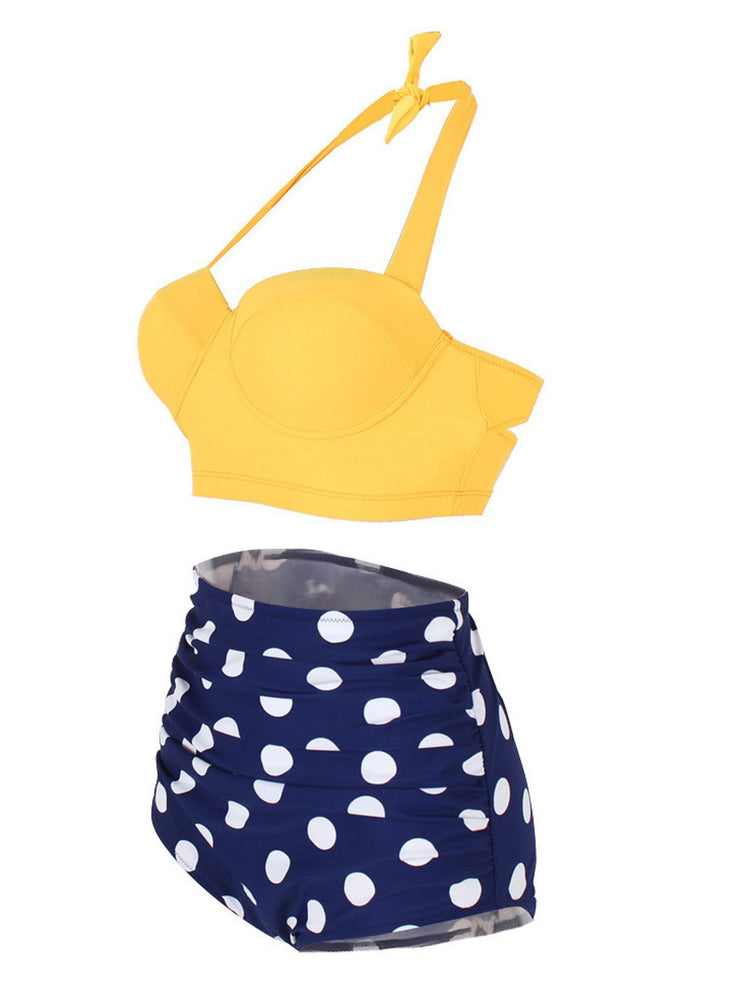 Upopby Polka Dot Halter Pleated Bikini side view