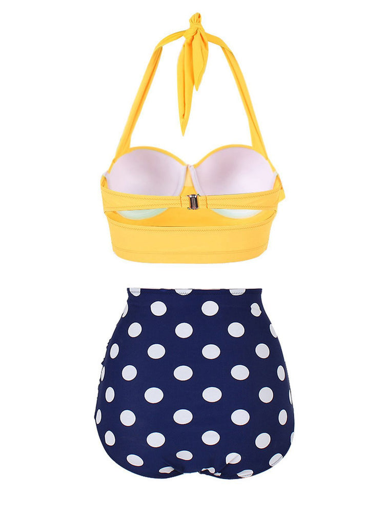 Upopby Polka Dot Halter Pleated Bikini back details