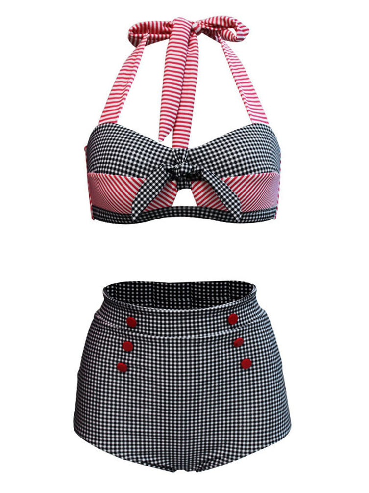 Plaid Stripe Bow Halter Bikini overview