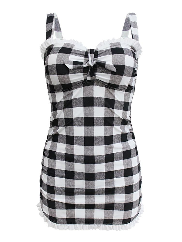 Upopby Plaid Bow Strap Ruffled Tankini gray