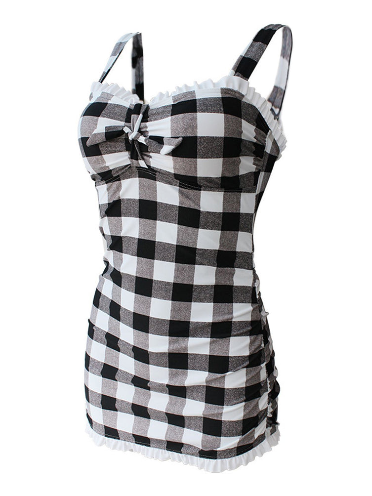 Upopby Plaid Bow Strap Ruffled Tankini side