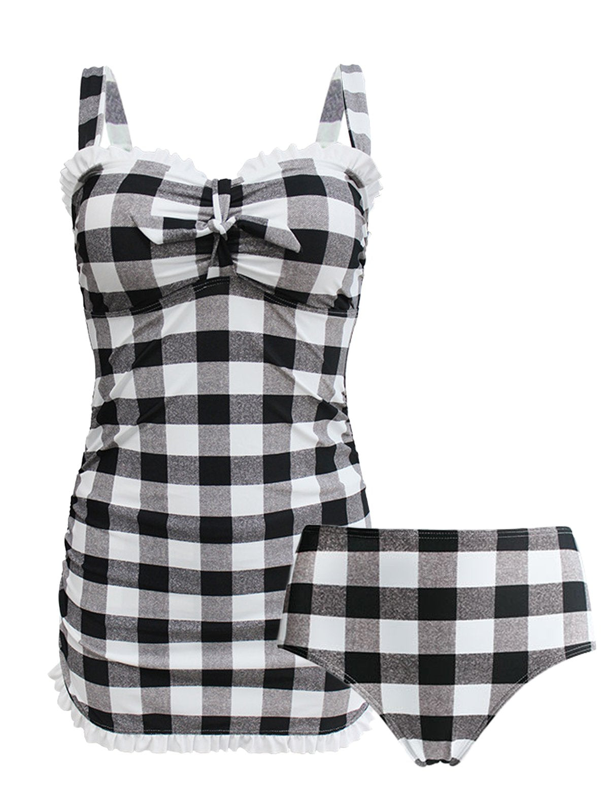 Upopby Gray Plaid Bow Strap Ruffled Tankini show