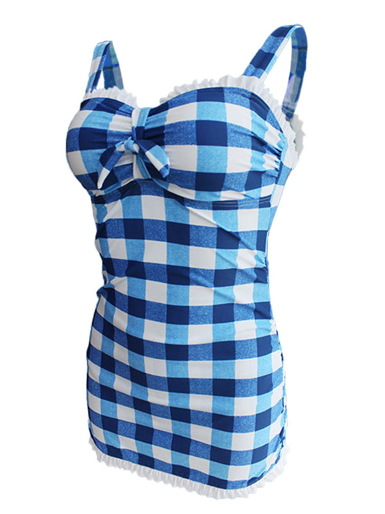 Upopby Plaid Bow Strap Ruffled Tankini side show