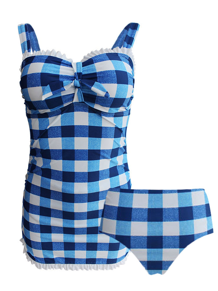 Upopby Plaid Bow Strap Ruffled Tankini blue