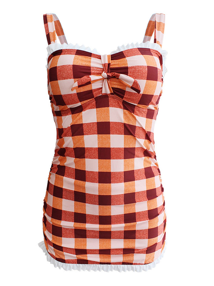 Upopby Plaid Bow Strap Ruffled Tankini overivew