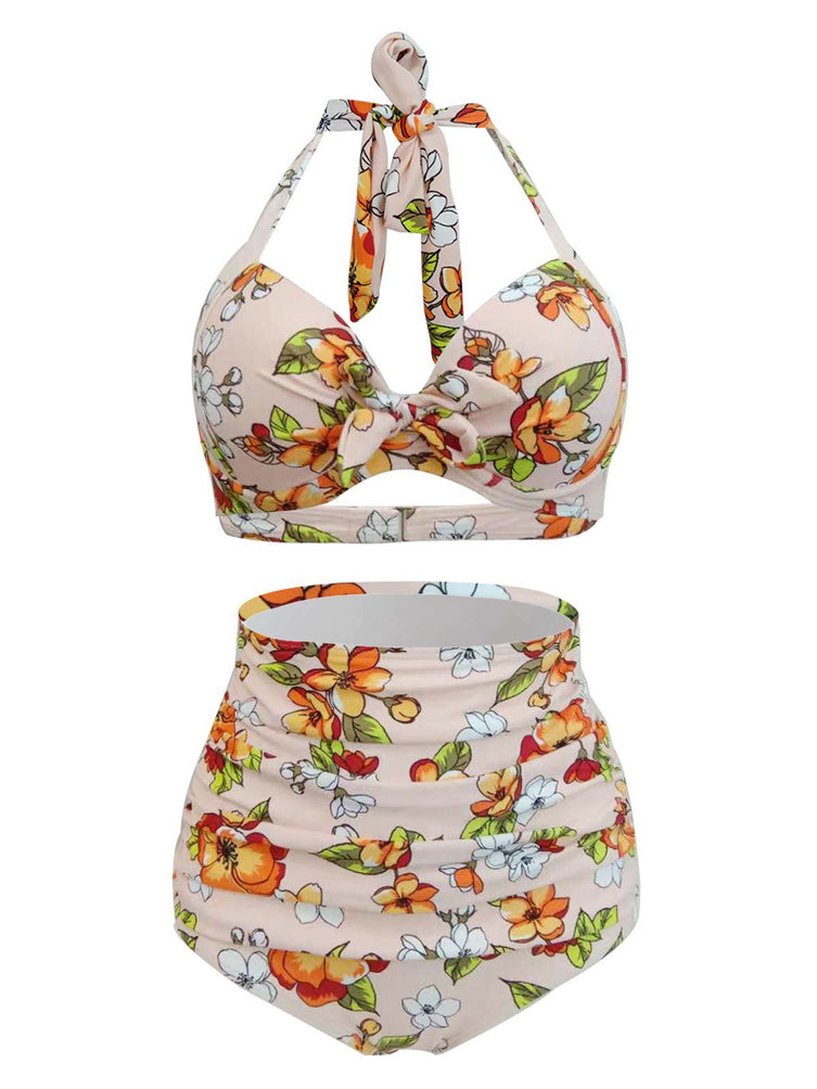 Upopby Retro Halter High Waist Bikini Bow Floral Swimsuit