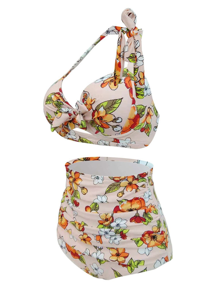 Upopby Retro Halter High Waist Bikini Bow Floral Swimsuit side