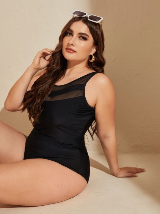 Upopby Black Hollow One-Piece Slim Swimsuit Belly Control Plus Size Swimwear