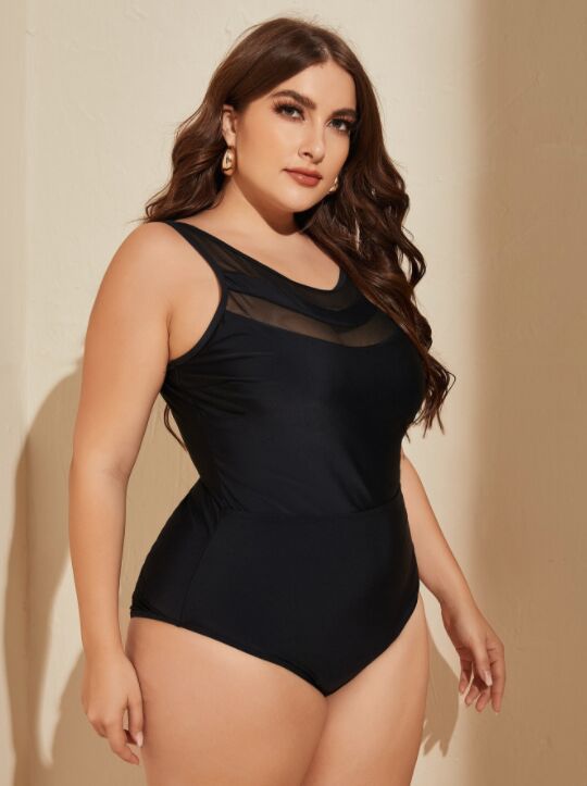 Upopby Black Hollow One-Piece Slim Swimsuit Belly Control Plus Size Swimwear