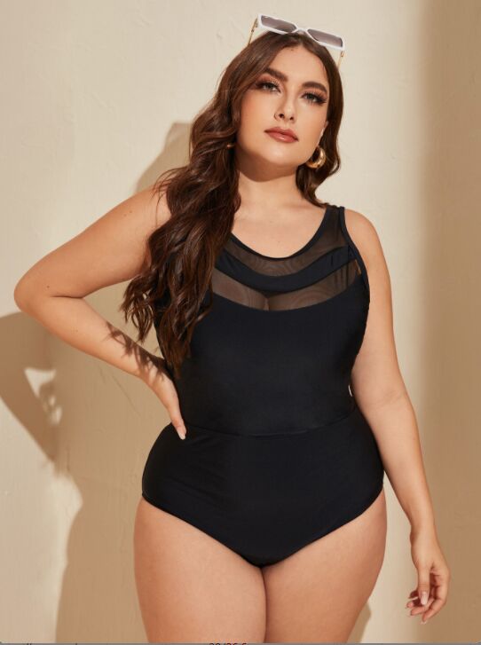 Upopby Black Hollow One-Piece Slim Swimsuit Belly Control Plus Size Swimwear